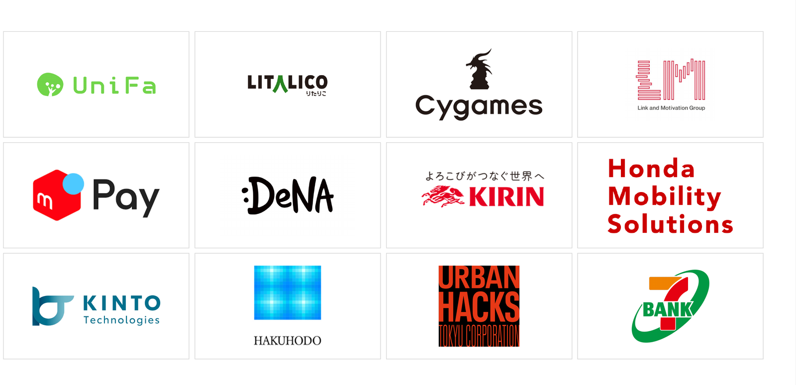 UniFa, LITALICO, Cygames, Link and Motivation, メルペイ, DeNA, KIRIN, Honda Mobility Solutions, KINTO Technologies, 博報堂, URBAN HACKS, セブン銀行
